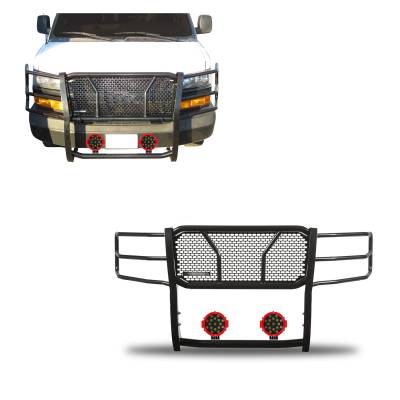 RUGGED Heavy Duty Grille Guard With Set of 7.0" Red Trim Rings LED Flood Lights-Black-2003-2014 Chevrolet Express 1500/2003-2024 Chevrolet Express 2500-3500/2009-2024 Chevrolet Express 4500-Express Cargo|Black Horse Off Road