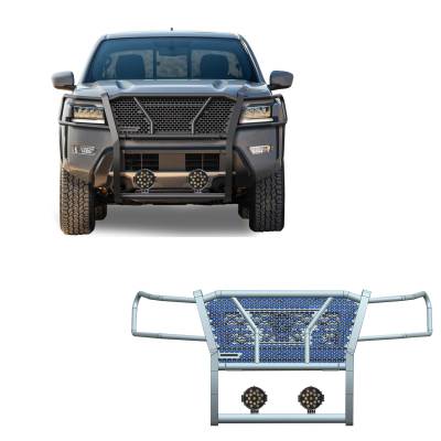Rugged Heavy Duty Grille Guard With Set of 7.0" Black Trim Rings LED Flood Lights-Black-2022-2024 Nissan Frontier|Black Horse Off Road