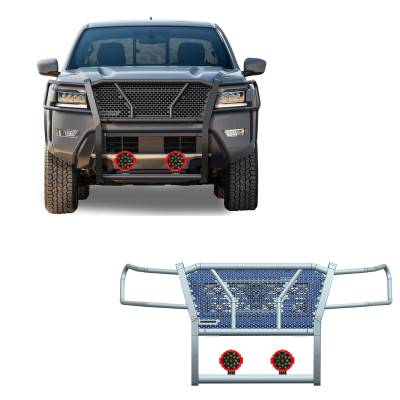 Rugged Heavy Duty Grille Guard With Set of 7.0" Red Trim Rings LED Flood Lights-Black-2022-2024 Nissan Frontier|Black Horse Off Road