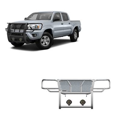 Rugged Heavy Duty Grille Guard With Set of 7.0" Black Trim Rings LED Flood Lights-Black-2005-2015 Toyota Tacoma|Black Horse Off Road
