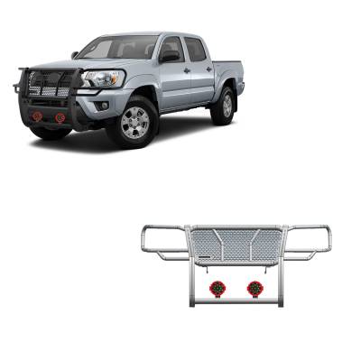 Rugged Heavy Duty Grille Guard With Set of 7.0" Red Trim Rings LED Flood Lights-Black-2005-2015 Toyota Tacoma|Black Horse Off Road