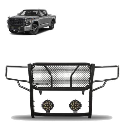 Rugged Heavy Duty Grille Guard With Set of 7.0" Black Trim Rings LED Flood Lights-Black-2022-2024 Toyota Tundra|Black Horse Off Road