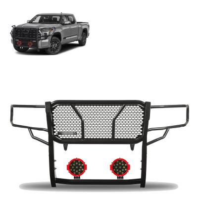 Rugged Heavy Duty Grille Guard With Set of 7.0" Red Trim Rings LED Flood Lights-Black-2022-2024 Toyota Tundra|Black Horse Off Road