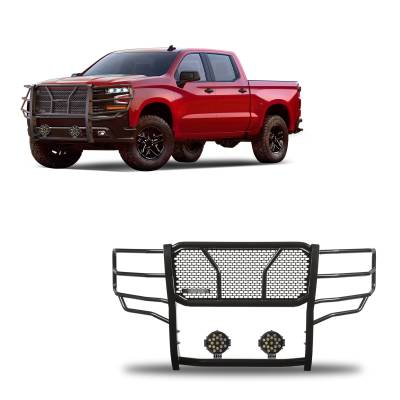 Rugged Heavy Duty Grille Guard With Set of 7.0" Black Trim Rings LED Flood Lights-Black-2019-2024 Chevrolet Silverado 1500|Black Horse Off Road