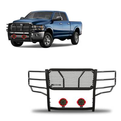 RUGGED Heavy Duty Grille Guard With Set of 7.0" Red Trim Rings LED Flood Lights-Black-Ram 2500/Ram 3500|Black Horse Off Road