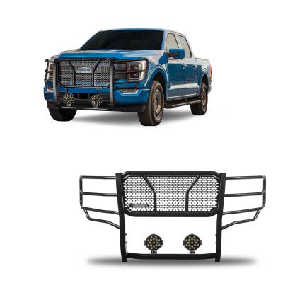 Rugged Heavy Duty Grille Guard With Set of 7.0" Black Trim Rings LED Flood Lights-Black-2021-2023 Ford F-150|Black Horse Off Road