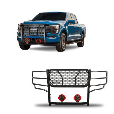 Rugged Heavy Duty Grille Guard With Set of 7.0" Red Trim Rings LED Flood Lights-Black-2021-2023 Ford F-150|Black Horse Off Road
