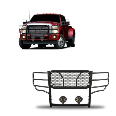 RUGGED Heavy Duty Grille Guard With Set of 7.0" Black Trim Rings LED Flood Lights-Black-F-250/F-350/F-450/F-550 SD|Black Horse Off Road