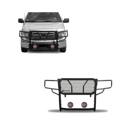 Rugged Heavy Duty Grille Guard With Set of 5.3" Red Trim Rings LED Flood Lights-Black-2009-2014 Ford F-150|Black Horse Off Road
