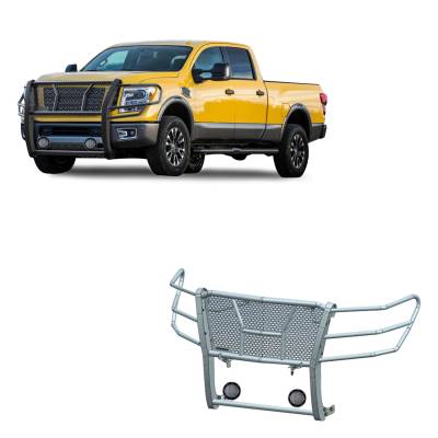 Rugged Heavy Duty Grille Guard With Set of 5.3".Black Trim Rings LED Flood Lights-Black-2017-2024 Nissan Titan XD|Black Horse Off Road