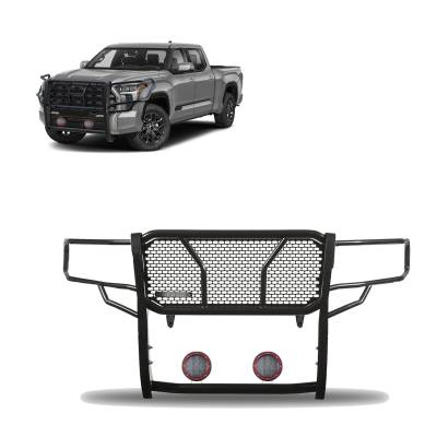 Rugged Heavy Duty Grille Guard With Set of 5.3" Red Trim Rings LED Flood Lights-Black-2022-2024 Toyota Tundra|Black Horse Off Road