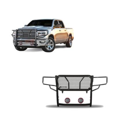 Rugged Heavy Duty Grille Guard With Set of 5.3" Red Trim Rings LED Flood Lights-Black-2019-2024 Ram 1500|Black Horse Off Road