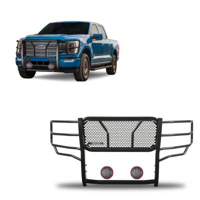 Rugged Heavy Duty Grille Guard With Set of 5.3" Red Trim Rings LED Flood Lights-Black-2021-2023 Ford F-150|Black Horse Off Road
