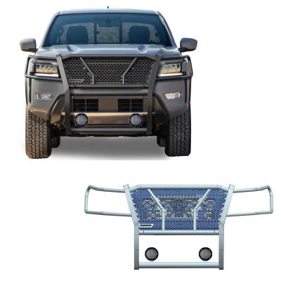 Rugged Heavy Duty Grille Guard With Set of 5.3".Black Trim Rings LED Flood Lights-Black-2022-2024 Nissan Frontier|Black Horse Off Road