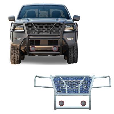 Rugged Heavy Duty Grille Guard With Set of 5.3" Red Trim Rings LED Flood Lights-Black-2022-2024 Nissan Frontier|Black Horse Off Road