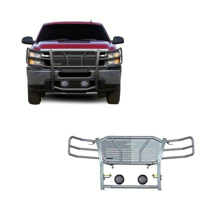 Rugged Heavy Duty Grille Guard With Set of 5.3".Black Trim Rings LED Flood Lights-Black-2007-2013 Chevrolet Silverado 1500|Black Horse Off Road