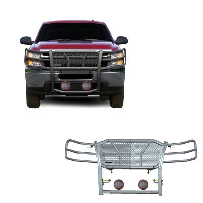 Rugged Heavy Duty Grille Guard With Set of 5.3" Red Trim Rings LED Flood Lights-Black-2007-2013 Chevrolet Silverado 1500|Black Horse Off Road