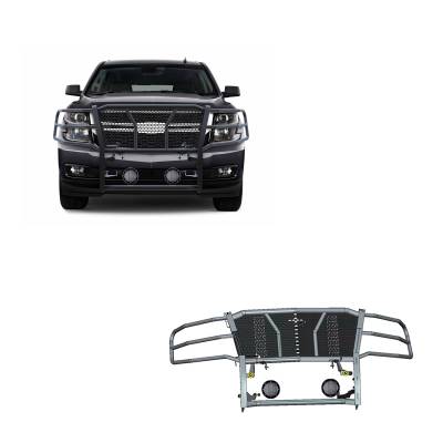 Rugged Heavy Duty Grille Guard With Set of 5.3".Black Trim Rings LED Flood Lights-Black-Tahoe/Suburban|Black Horse Off Road
