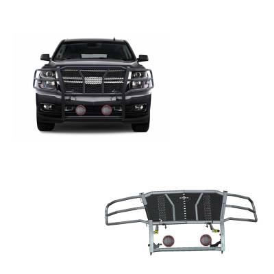 Rugged Heavy Duty Grille Guard With Set of 5.3" Red Trim Rings LED Flood Lights-Black-Tahoe/Suburban|Black Horse Off Road