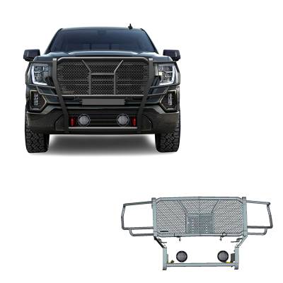 Rugged Heavy Duty Grille Guard With Set of 5.3".Black Trim Rings LED Flood Lights-Black-2019-2021 GMC Sierra 1500|Black Horse Off Road