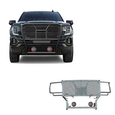 Rugged Heavy Duty Grille Guard With Set of 5.3" Red Trim Rings LED Flood Lights-Black-2019-2021 GMC Sierra 1500|Black Horse Off Road