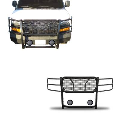 Rugged Heavy Duty Grille Guard With Set of 5.3" Black Trim Rings LED Flood Lights-Black-2003-2014 Chevrolet Express 1500-Express 2500-Express 3500/2009-2024 Chevrolet Express 4500Chevrolet Express Cargo|Black Horse Off Road