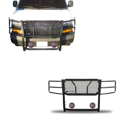Rugged Heavy Duty Grille Guard With Set of 5.3" Red Trim Rings LED Flood Lights-Black-2003-2014 Chevrolet Express 1500/2003-2024 Chevrolet Express 2500-3500/2009-2024 Chevrolet Express 4500-Express Cargo|Black Horse Off Road