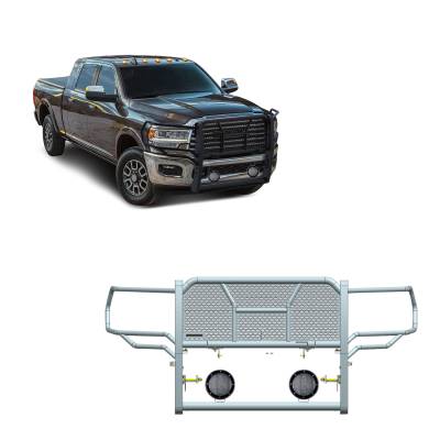 Rugged Heavy Duty Grille Guard With Set of 5.3".Black Trim Rings LED Flood Lights-Black-2500/3500|Black Horse Off Road
