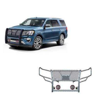 Rugged Heavy Duty Grille Guard With Set of 5.3" Red Trim Rings LED Flood Lights-Black-2018-2024 Ford Expedition|Black Horse Off Road