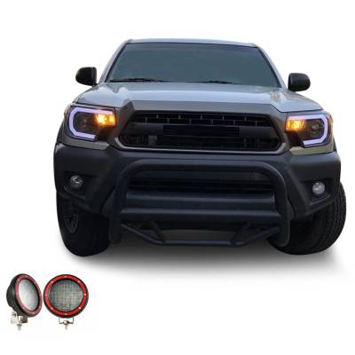 Max Bull Bar With Set of 5.3" Red Trim Rings LED Flood Lights-Black-2005-2015 Toyota Tacoma|Black Horse Off Road