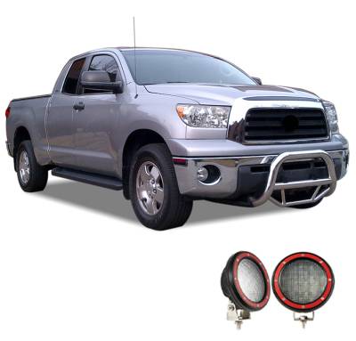 Max Bull Bar With Set of 5.3" Red Trim Rings LED Flood Lights-Stainless Steel-2007-2021 Toyota Tundra|Black Horse Off Road