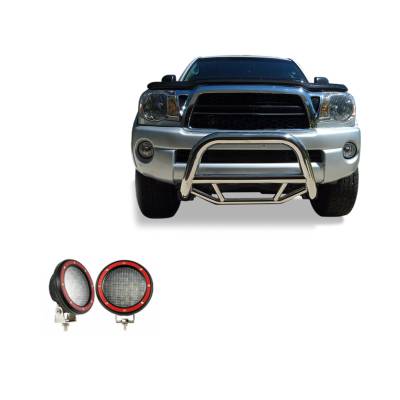Max Bull Bar With Set of 5.3" Red Trim Rings LED Flood Lights-Stainless Steel-2005-2015 Toyota Tacoma|Black Horse Off Road