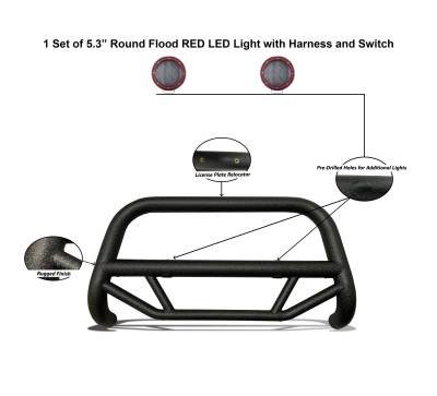 Max T Bull Bar Kit-Textured Black-MBT-MF612-PLFR-Part Information:Pair  of 5.3" Dia. LED Flood Lights w/ Red Trim Rings Wiring Harness  and Switch