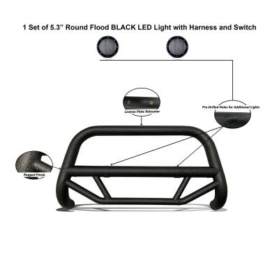 Max T Bull Bar Kit-Textured Black-MBT-MR1312-PLFB-Part Information:Pair  of 5.3" Dia. LED Flood Lights w/ Black Trim Rings Wiring Harness  and Switch
