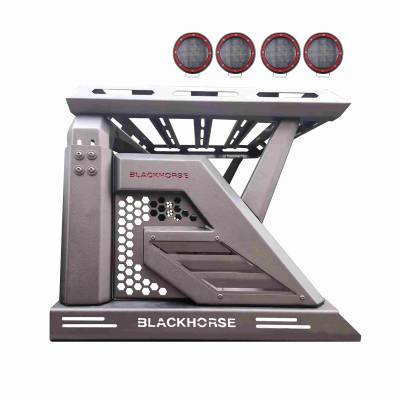 ARMOUR II Roll Bar Ladder Rack W/Basket With 2 Sets of 5.3" Red Trim Rings LED Flood Lights-Black-Silverado 1500/Sierra 1500/F-150/1500/Tundra|Black Horse Off Road