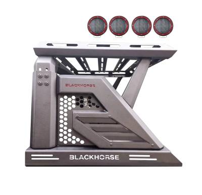 ARMOUR II Roll Bar Ladder Rack W/Basket With 2 Sets of 5.3" Red Trim Rings LED Flood Lights-Black-2005-2021 Nissan Frontier|Black Horse Off Road