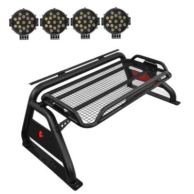 Atlas Roll Bar With 2 pairs of 7.0" Black Trim Rings LED Flood Lights-Black-2005-2021 Nissan Frontier|Black Horse Off Road