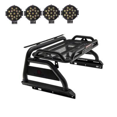 Atlas Roll Bar With 2 pairs of 7.0" Black Trim Rings LED Flood Lights-Black-2005-2023 Toyota Tacoma|Black Horse Off Road