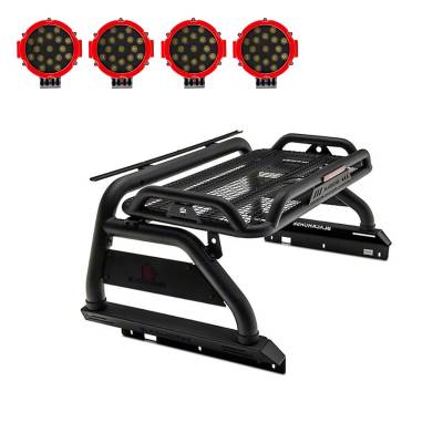Atlas Roll Bar With 2 pairs of 7.0" Red Trim Rings LED Flood Lights-Black-2005-2023 Toyota Tacoma|Black Horse Off Road