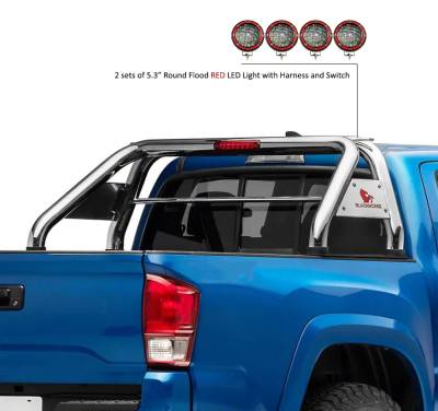 Classic Roll Bar With 2 Sets of 5.3" Red Trim Rings LED Flood Lights-Stainless Steel-Ram 1500/1500|Black Horse Off Road