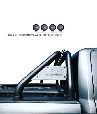 Classic Roll Bar With 2 Set of 5.3".Black Trim Rings LED Flood Lights-Black-Colorado/Canyon/Tacoma|Black Horse Off Road