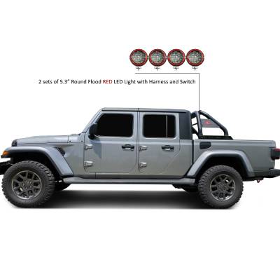 Classic Roll Bar With 2 Sets of 5.3" Red Trim Rings LED Flood Lights-Black-2020-2023 Jeep Gladiator|Black Horse Off Road