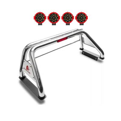 Classic Roll Bar With 2 pairs of 7.0" Red Trim Rings LED Flood Lights-Stainless Steel-Nissan Titan, Dodge/Ram 2500/3500, Chevrolet/GMC Silverado/Sierra 1500/2500 HD/3500/3500 HD, Ford F-150, Toyota Tundra|Black Horse Off Road