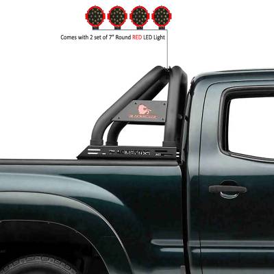 Classic Roll Bar With 2 pairs of 7.0" Red Trim Rings LED Flood Lights-Black-2005-2023 Toyota Tacoma|Black Horse Off Road