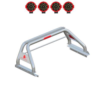 Classic Roll Bar With 2 pairs of 7.0" Red Trim Rings LED Flood Lights-Stainless Steel-2005-2023 Toyota Tacoma|Black Horse Off Road