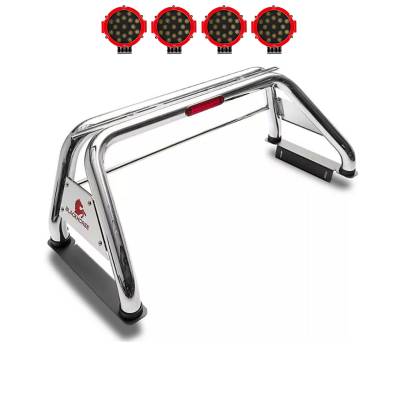 Classic Roll Bar With 2 pairs of 7.0" Red Trim Rings LED Flood Lights-Stainless Steel-F-250 Super Duty/F-350 Super Duty/F-450 Super Duty|Black Horse Off Road