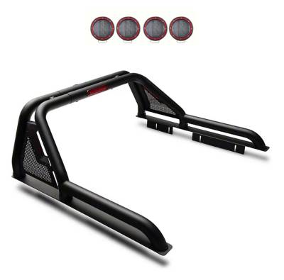 GLADIATOR Roll Bar Ladder Rack With 2 Sets of 5.3" Red Trim Rings LED Flood Lights-Black-Canyon/Colorado/Tacoma|Black Horse Off Road