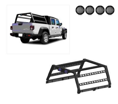 Overland Bed Rack With 2 Set of 5.3".Black Trim Rings LED Flood Lights-Black-Full Size Trucks and Small Trucks|Black Horse Off Road