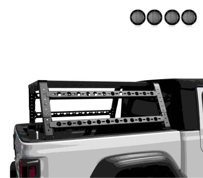 Overland Bed Rack Kit-Black-TR01B-PLFB-Part Information:2nd Box: 57*10*18 inch, 60lbs & 2 sets of 5.3" Dia.  Black LED Flood Lights w/ Harness and Switch