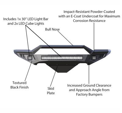 Armour II Heavy Duty Front Bumper Kit-Matte Black-AFB-CO20-K2-Part Information:Includes 1 30in LED Light Bar, 2 sets of 4in cube lights